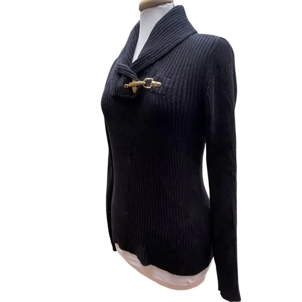 Ralph Lauren Black Label Women’s Ribbed Shawl Collar Sweater M Gold Buckle Black